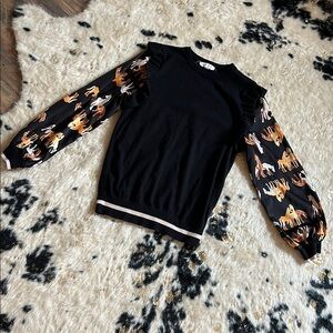 Black Sweater with Horse Print Sleeves